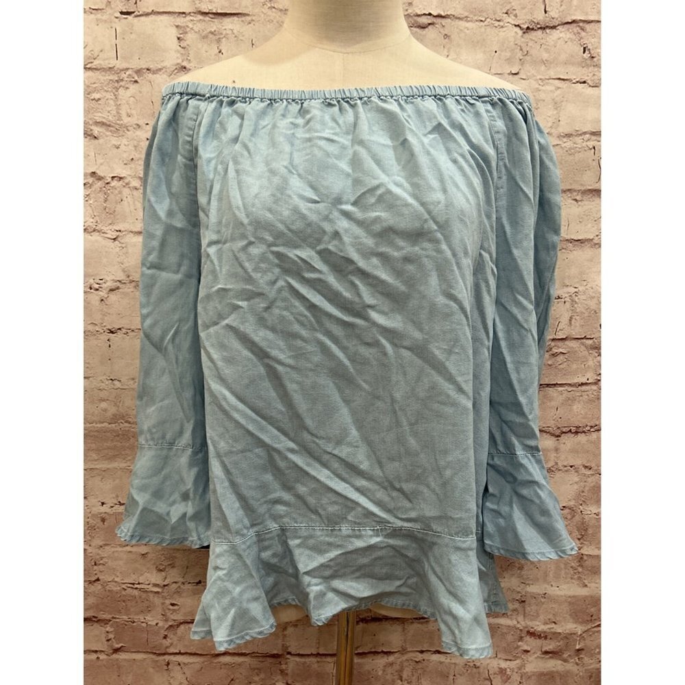 VERSONA Off The Shoulder Chambray Peasant Blouse Top Bell Sleeve Size Medium NEW